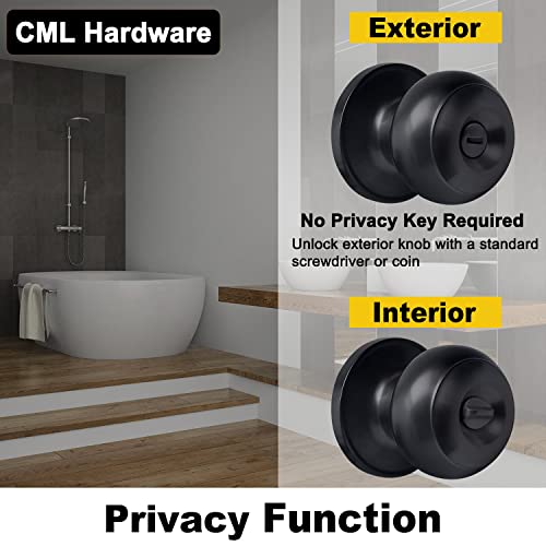 CML Hardware (2 Pack) Privacy Door Knob for Bedroom and Bathroom, Stainless Steel Keyless Door Locks for Bed/Bath, Round Ball Handle, Matte Black - Image 3