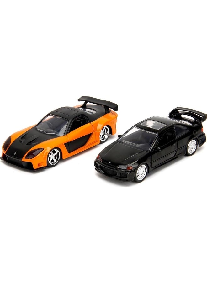 JADA Jada Fast & Furious Legacy Series Wave 1 Set 1 Han's Mazda RX-7 and Heist Honda Civic EJ1 Car Set (1:24, Pack of 2, Orange/Black)  - Image 3