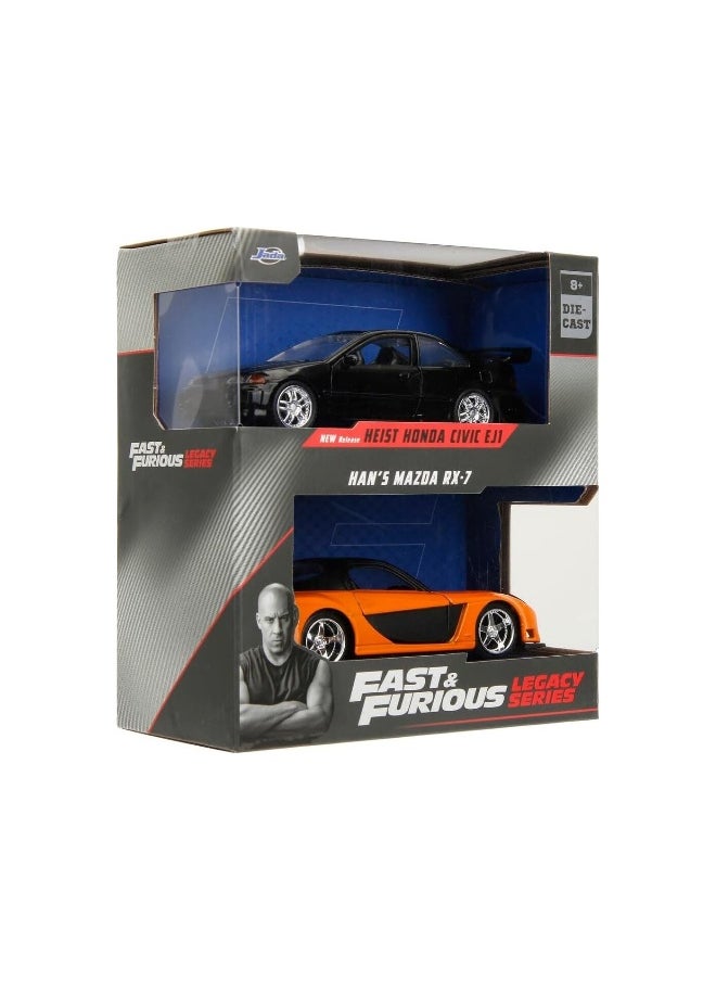 JADA Jada Fast & Furious Legacy Series Wave 1 Set 1 Han's Mazda RX-7 and Heist Honda Civic EJ1 Car Set (1:24, Pack of 2, Orange/Black)  - Image 1
