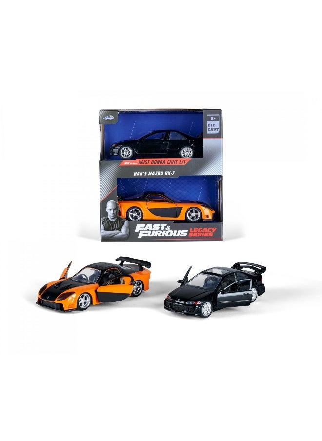 JADA Jada Fast & Furious Legacy Series Wave 1 Set 1 Han's Mazda RX-7 and Heist Honda Civic EJ1 Car Set (1:24, Pack of 2, Orange/Black)  - Image 2
