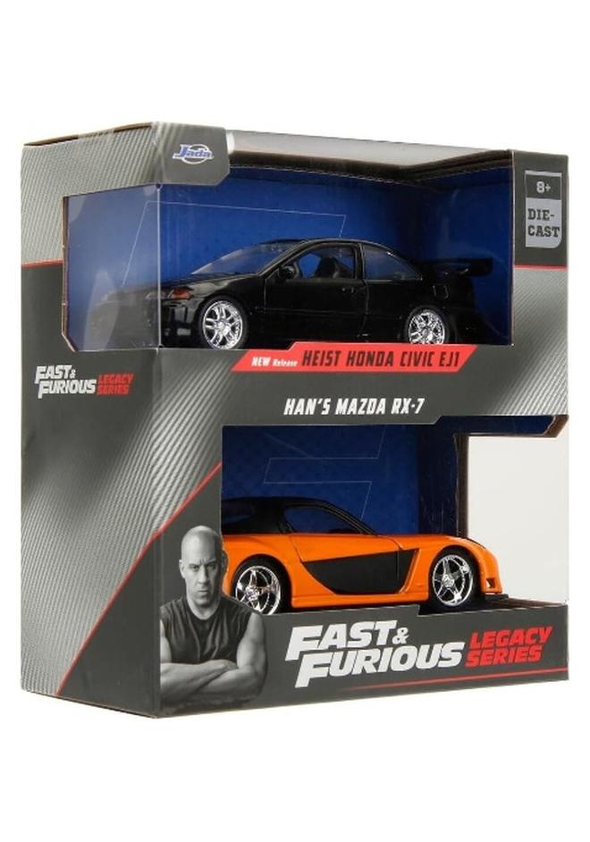 Jada Fast & Furious Legacy Series Wave 1 Set 1 Han's Mazda RX-7 and Heist Honda Civic EJ1 Car Set (1:24, Pack of 2, Orange/Black) - Image 1