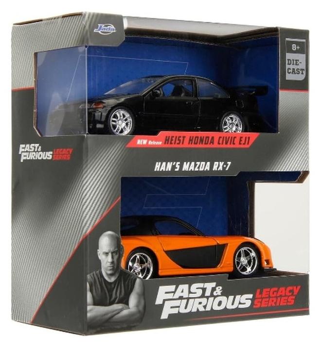 JADA مجموعة جادا فاست آند فيوريوس ليغاسي سيريز ويف 1 مجموعة 1 سيارة هان مازدا RX-7 وسيارة هيست هوندا سيفيك EJ1 (1:24، عبوة من 2، برتقالي/أسود) - Image 1