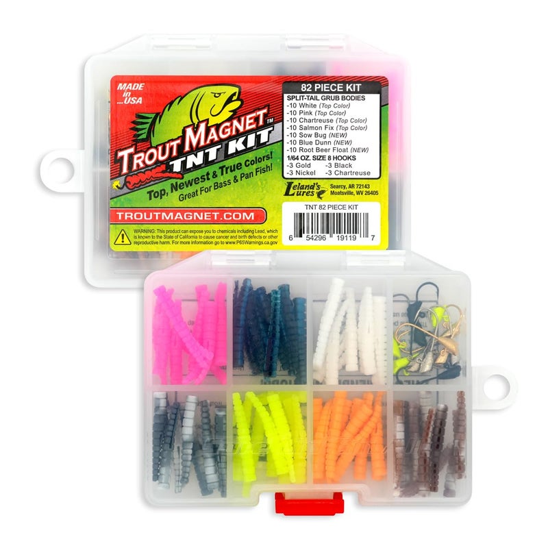 Trout Magnet TNT Kit 82Piece Set with 70 Soft Plastic Bodies 12 Jig Heads Top 7 Hot Colors Includes 164oz ShadDart Heads in Gold Black Silver Chartreuse Ultimate Trout Fishing Lure - Image 2