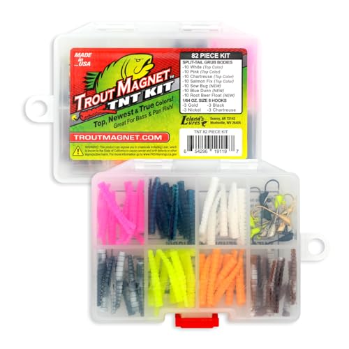 Trout Magnet TNT Kit 82Piece Set with 70 Soft Plastic Bodies 12 Jig Heads Top 7 Hot Colors Includes 164oz ShadDart Heads in Gold Black Silver Chartreuse Ultimate Trout Fishing Lure - Image 1