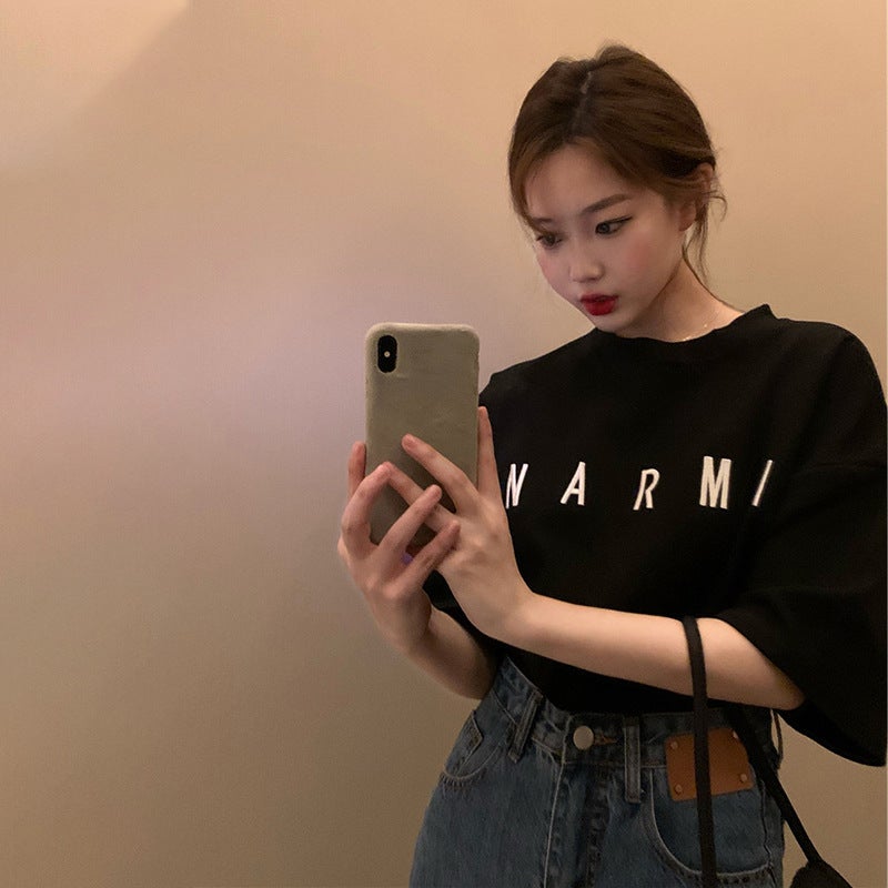 Half-Sleeve T-Shirt for Women, Trendy Loose Korean Style Mid-Length Short-Sleeve Top with Letter Embroidery, Summer 2025 New Style - Image 5