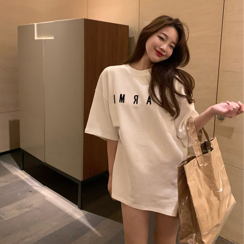 Half-Sleeve T-Shirt for Women, Trendy Loose Korean Style Mid-Length Short-Sleeve Top with Letter Embroidery, Summer 2025 New Style - Image 2
