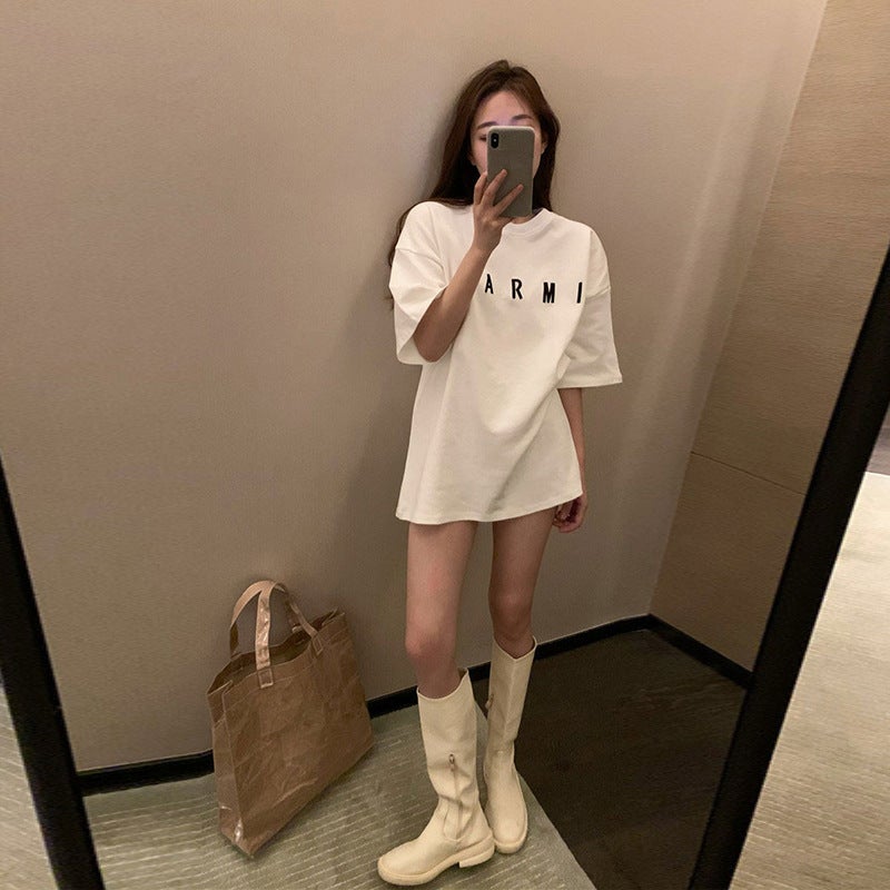 Half-Sleeve T-Shirt for Women, Trendy Loose Korean Style Mid-Length Short-Sleeve Top with Letter Embroidery, Summer 2025 New Style - Image 4