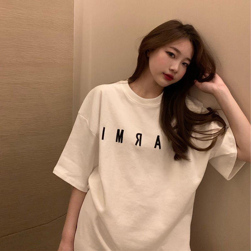 Half-Sleeve T-Shirt for Women, Trendy Loose Korean Style Mid-Length Short-Sleeve Top with Letter Embroidery, Summer 2025 New Style - Image 3
