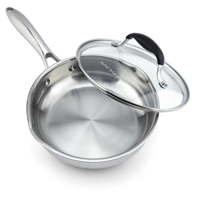 8 INCH TRIPLY STAINLESS STEEL FRYING PAN WITH LID SIDE SPOUTS INDUCTION PAN VERSATILE STAINLESS STEEL SKILLET FRY PAN IN OUR POTS AND PANS TRIPLY STAINLESS STEEL 8 INCH