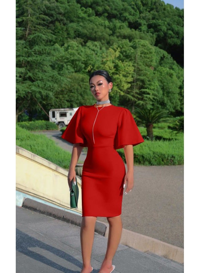 Memoriesea Women's Basic Bodycon Ruffle Flared Short Sleeve Pencil Midi Dress, Red, XL - Image 2