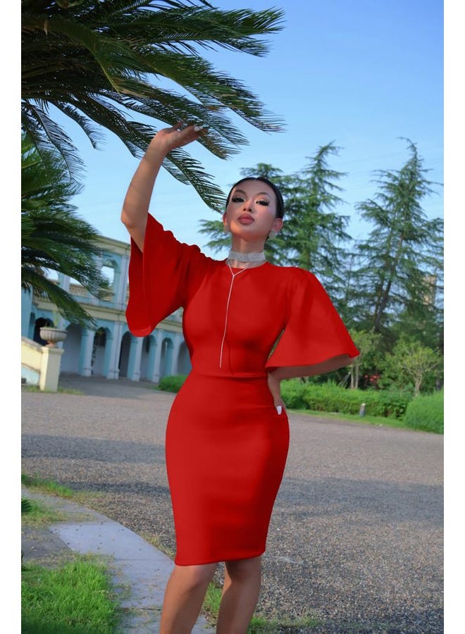 Memoriesea Women's Basic Bodycon Ruffle Flared Short Sleeve Pencil Midi Dress, Red, XL - Image 3