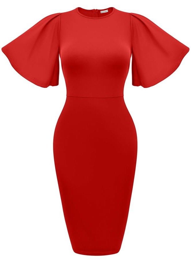 Memoriesea Women's Basic Bodycon Ruffle Flared Short Sleeve Pencil Midi Dress, Red, XL - Image 1
