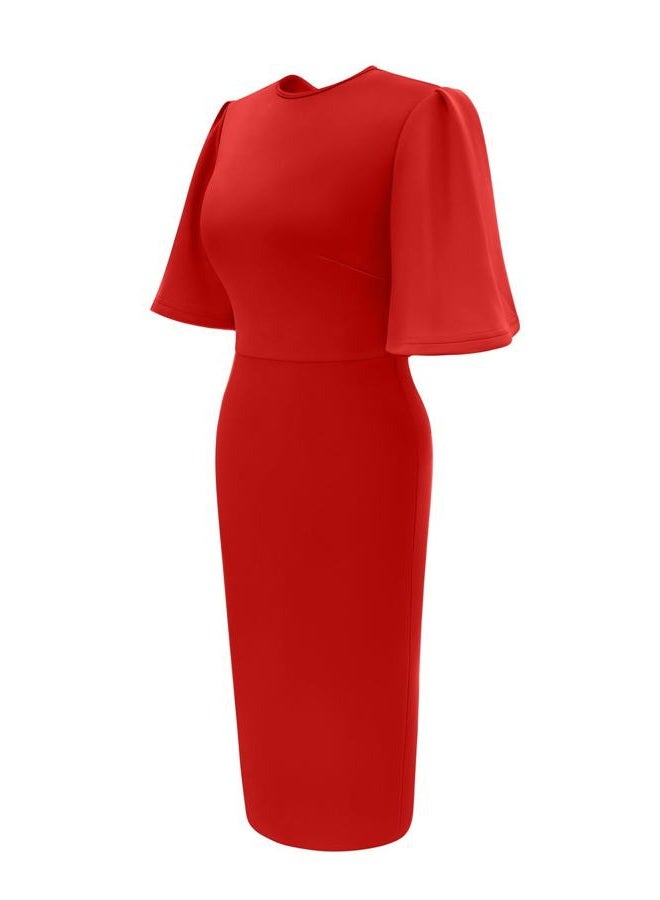 Memoriesea Women's Basic Bodycon Ruffle Flared Short Sleeve Pencil Midi Dress, Red, XL - Image 4