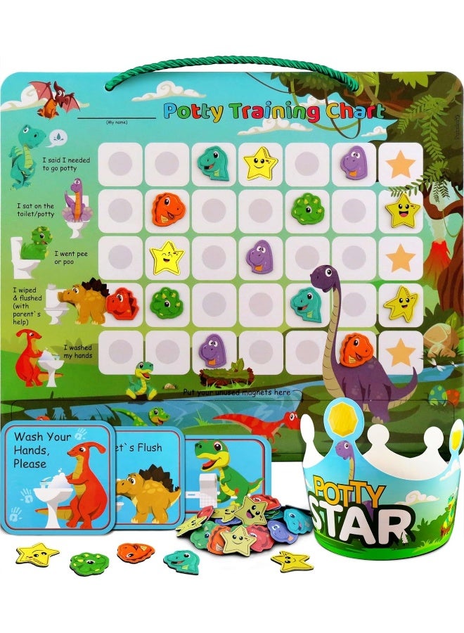 Putska Potty Training Chart with 35 Stickers, 3 Reminder Stickers and Crown for Toddlers Boys and Girls - Potty Training Rewards for Kids - Dino - Image 1