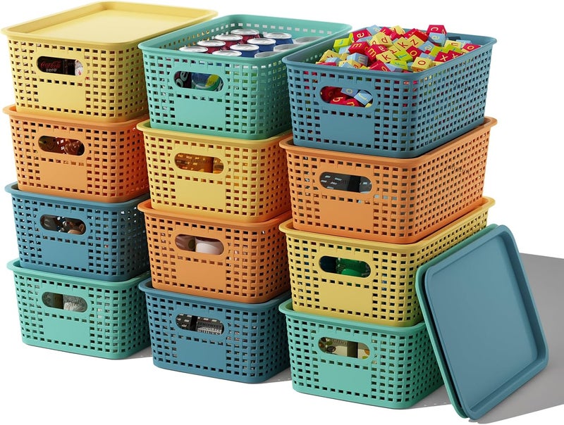 ORGIDOL Plastic Storage Basket with Lids 12 Pack Stackable Colorful Storage Bins Containers with Lid, Decorative Storage Boxes for Organizing Shelves, Drawers, Playroom, Classroom, Office, Closet - Image 1