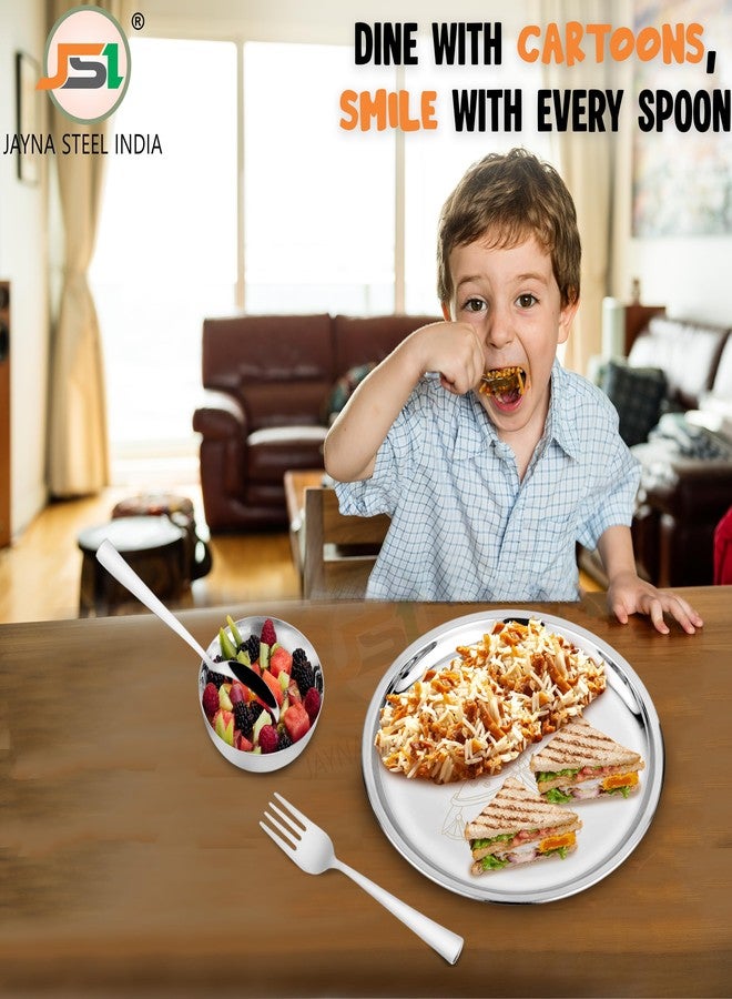 JSI طقم عشاء دائري للأطفال من الفولاذ المقاوم للصدأ JSI 304، طقم ثالي من 5 قطع - تصميم باربي محفور بالليزر - متين وآمن للطعام - طبق واحد، كوب واحد، وعاء واحد، ملعقة واحدة، وشوكة واحدة - Image 3