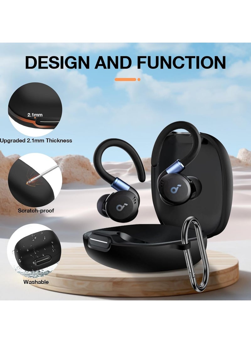 Silicone Case for Soundcore Sport X20, Soft Silicone Shockproof Protective Skin Case Wireless Earbuds with Carabiner, Front LED Visible (Black) - Image 4