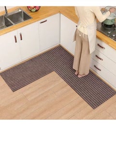 Kutis 2-Piece Set Kitchen Mat Non-Slip Rugs Set Line Design Quickly Absorbs Water Brown 120 x 40 and 60 x 40 Centimeter  - Image 1