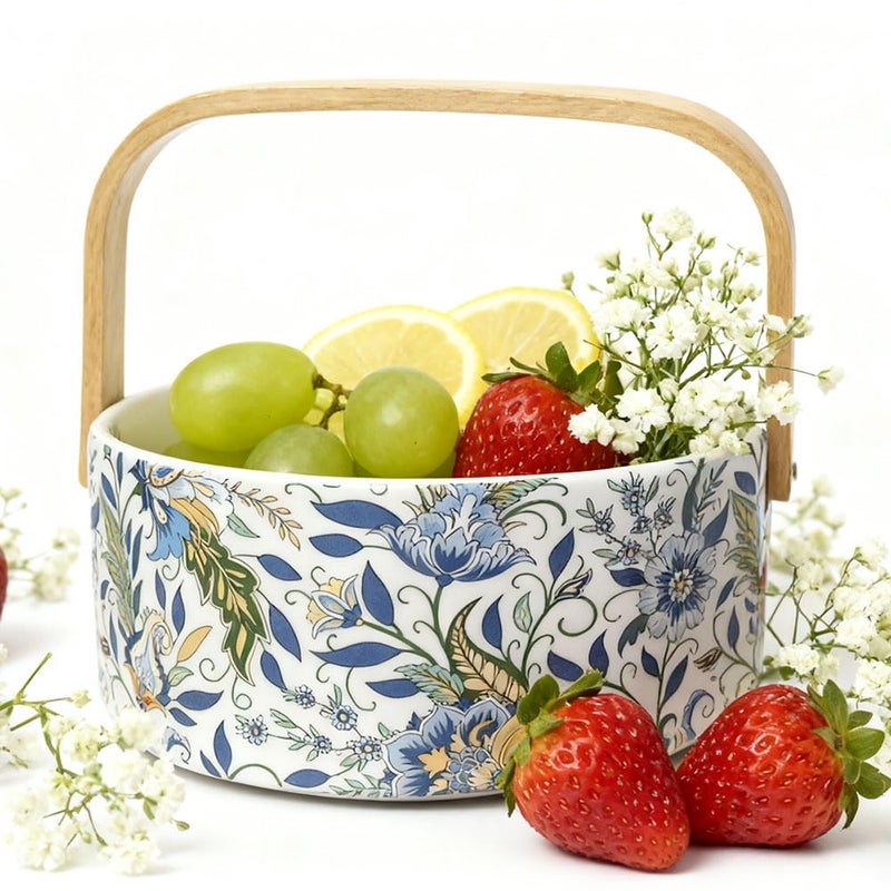 EWEIGEER Ceramic Candy Bowl with Wood Handle Candy Dish Wedding Decorative Serving Bowl,Kitchen Dining Table Office Decor(White) - Image 2