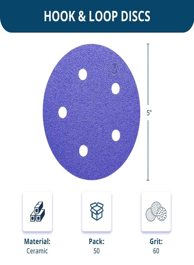 كاشطة القياس أقراص Benchmark Abrasives المصنوعة من السيراميك الفاخر مقاس 5 بوصات، مزودة بخمس فتحات، ومدعمة بغشاء لاصق، لصنفرة المعادن والمعادن غير الحديدية والخشب والبلاستيك والألياف الزجاجية (عبوة من 50 قرصًا) - حبيبات 60 - Image 5