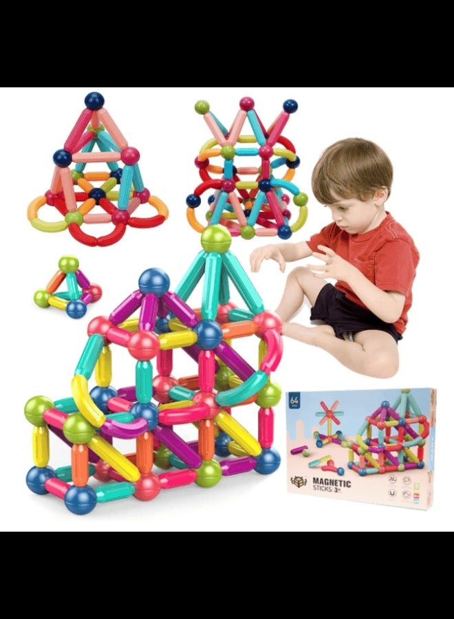 64 PCS Magnetic Balls and Rods Building Sticks Blocks Set, Children's Magnetic Building Blocks, 3D Magnetic Building Puzzle Toys. STEM Stacking Toys for Boys & Girls 3+ - Image 1