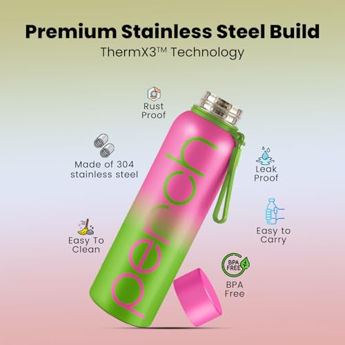 Perch Zion Hot & Cold Steel Water Bottle Set of 2 (720 ml Each), ISI Certified, Vacuum Insulated | Leak Proof, BPA-Free | for Couples, Gift for His & Her |Kids, Men & Women|Cloud Black & Green-Pink - Image 2