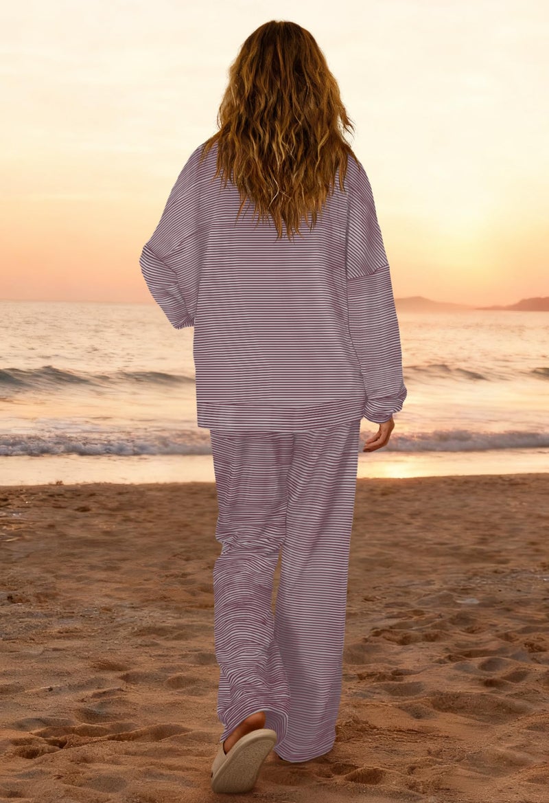 Yanekop Womens Striped Lounge Set Long Sleeve Matching Sets Oversized Pajama Sets Striped Shirt Wide Leg Pants(Red Brown Oatmeal Stirped,XL) - Image 4