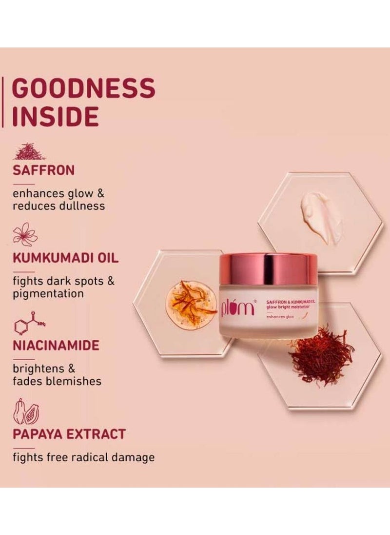 Plum Saffron & Kumkumadi Oil Glow Bright Moisturizer with SPF 35 Brightens Skin & Enhances Glow Fights Dark Spots & Dull Skin UVA & UVB Protection For All Skin Types 100% Vegan 50 g