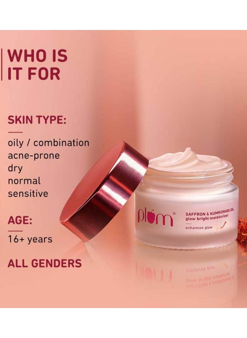 Plum Saffron & Kumkumadi Oil Glow Bright Moisturizer with SPF 35 Brightens Skin & Enhances Glow Fights Dark Spots & Dull Skin UVA & UVB Protection For All Skin Types 100% Vegan 50 g