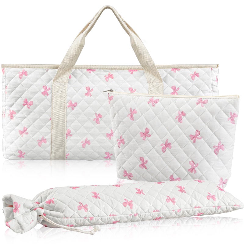 Shinylin 3 Pcs Empty Mahjong Bag Set, Thickened Mini Bow Quilted Carrying Bag Set with Two Wrappers, Card Bags, Mahjong Racks and Card Pusher Drawstring Bags (Case Only) - Image 1