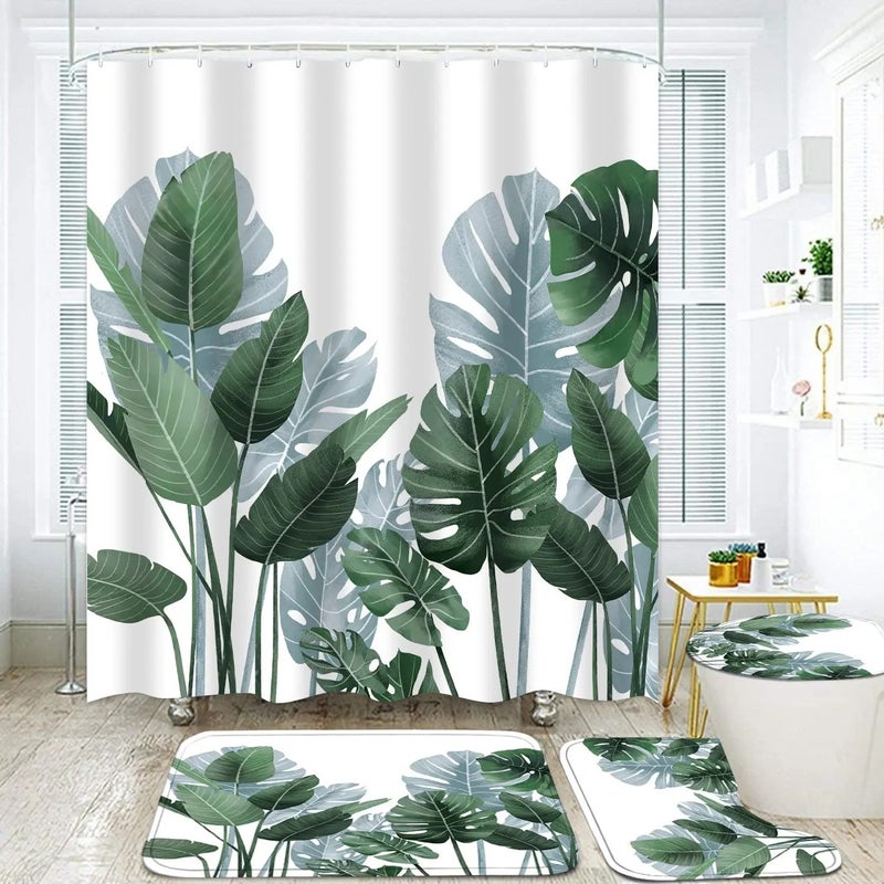Bluejw Tropical Leaves Plant Waterproof Bathroom 4 Pcs Set  Patterned Shower Curtain with Rugs - Image 1