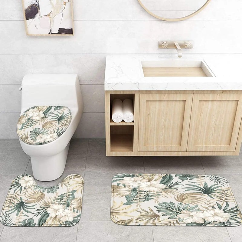 Bluejw Tropical Leaves Plant Waterproof Bathroom 4 Pcs Set  Patterned Shower Curtain with Rugs - Image 4