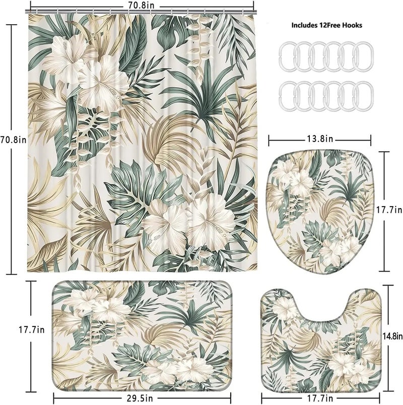 Bluejw Tropical Leaves Plant Waterproof Bathroom 4 Pcs Set  Patterned Shower Curtain with Rugs - Image 3