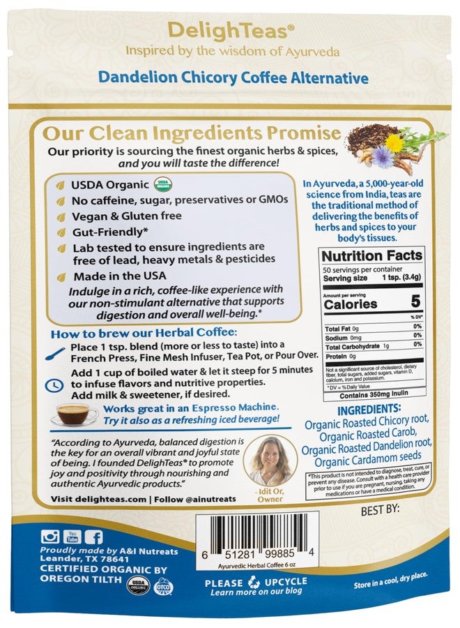 DelighTeas Organic Coffee Alternative | Ayurvedic Herbal Chicory Dandelion Coffee | Coffee Substitute | USDA Organic, Caffeine Free, Gluten Free | With Sweet Notes of Carob | 50 servings, 6oz. - Image 5