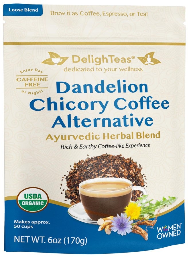 DelighTeas Organic Coffee Alternative | Ayurvedic Herbal Chicory Dandelion Coffee | Coffee Substitute | USDA Organic, Caffeine Free, Gluten Free | With Sweet Notes of Carob | 50 servings, 6oz. - Image 1