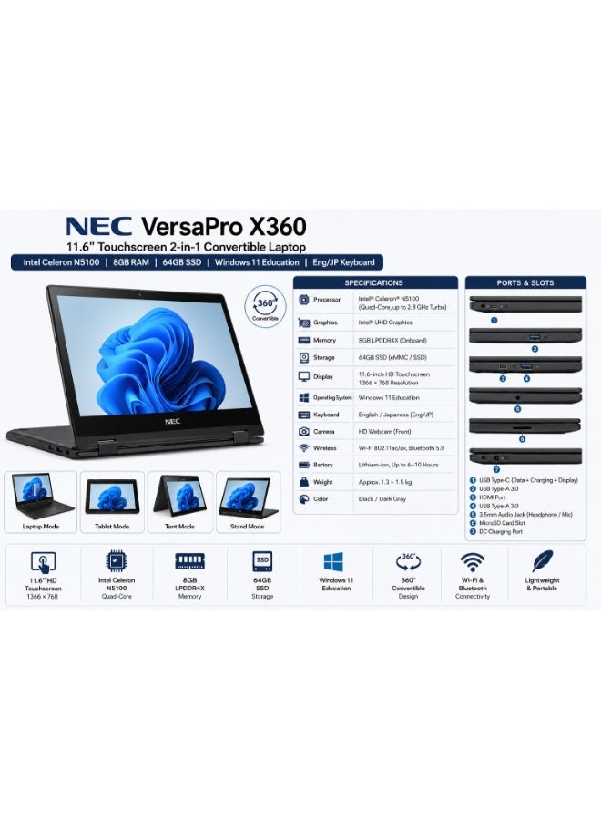 NEC لابتوب NEC VersaPro X360 11.6 بوصة 2 في 1 قابل للتحويل بشاشة تعمل باللمس – معالج Intel Celeron N5100، 8GB RAM، 64GB SSD، ويندوز 11 تعليم، لوحة مفاتيح إنجليزي/ياباني - Image 3