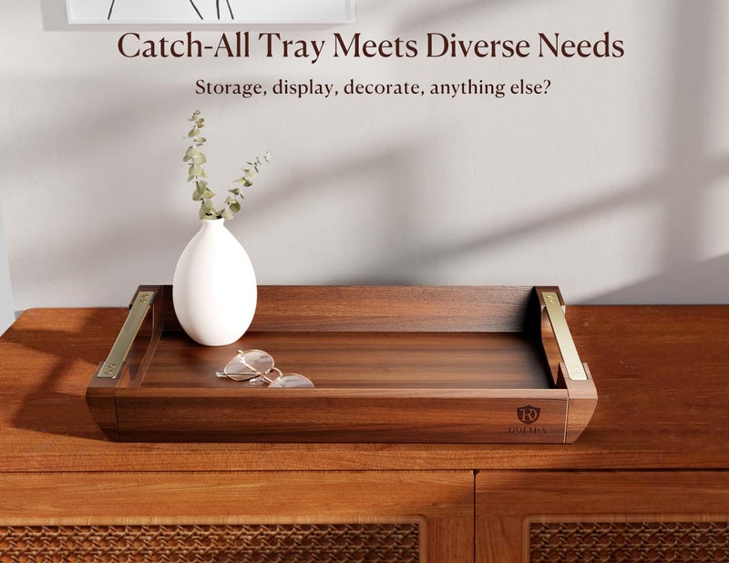 Dofira Acacia Wood Serving Tray with Metal Handles, 17x13in Large Ottoman Tray, Food Drinks Tray for Coffee Table, Breakfast, Dinner & Bar, Rustic Decorative Tray for Kitchen, Bedroom Gift Box - Image 5