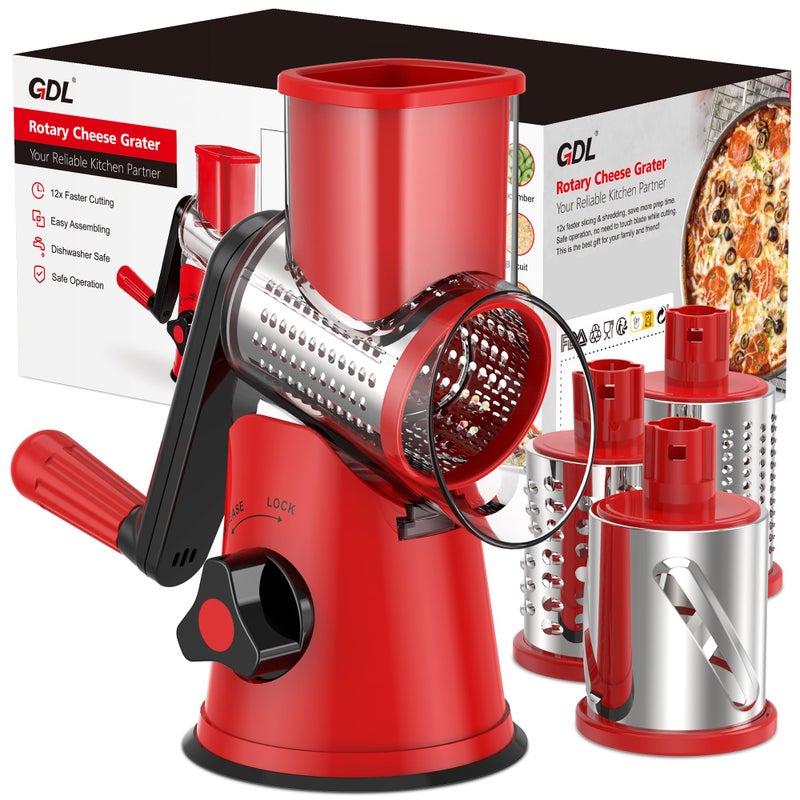 GDL Cheese Grater Rotary, Rotary Grater for Kitchen, Kitchen Grater Vegetable Slicer with 3 Drum Blades, Fast Cutting Cheese Shredder for Vegetables and Nuts - Image 1