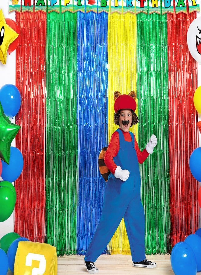 WENSEO Super Bros Birthday Party Decoration, 2 Pack Red Green Blue Yellow 3.3 x 6.6ft Foil Fringe Curtains Tinsel Photo Booth Props Streamers Backdrop for Video Game Mario Theme Birthday Party Supplies - Image 2