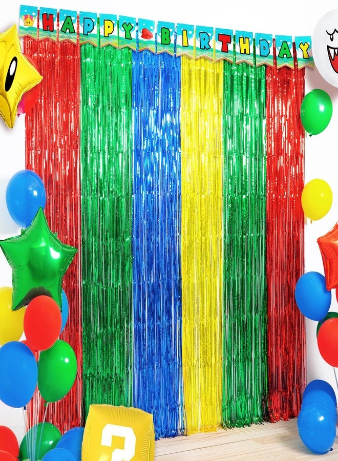 WENSEO Super Bros Birthday Party Decoration, 2 Pack Red Green Blue Yellow 3.3 x 6.6ft Foil Fringe Curtains Tinsel Photo Booth Props Streamers Backdrop for Video Game Mario Theme Birthday Party Supplies - Image 1