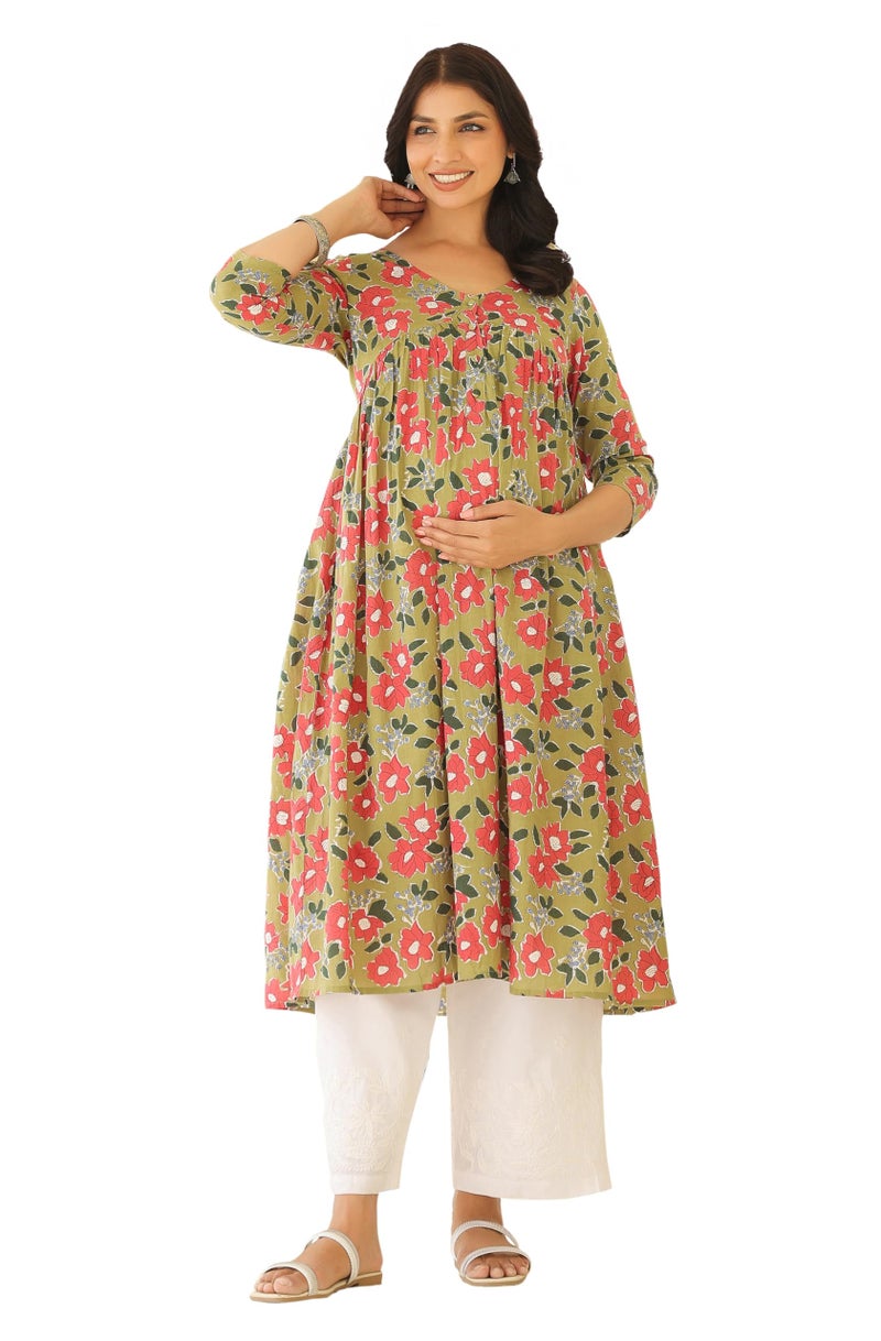 Janasya Women's Sage Green Pure Cotton Floral Printed Gathered Maternity Kurta (MAA25KR01316-M) - Image 1