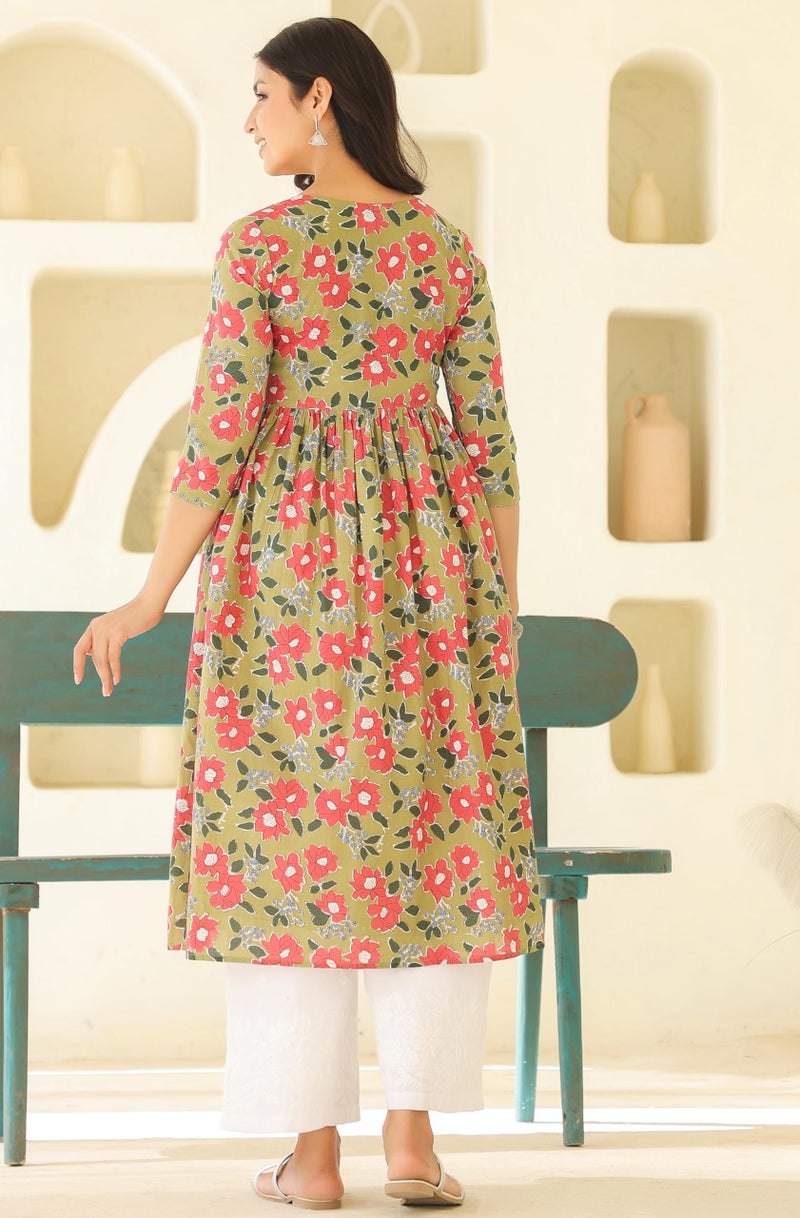 Janasya Women's Sage Green Pure Cotton Floral Printed Gathered Maternity Kurta (MAA25KR01316-M) - Image 4