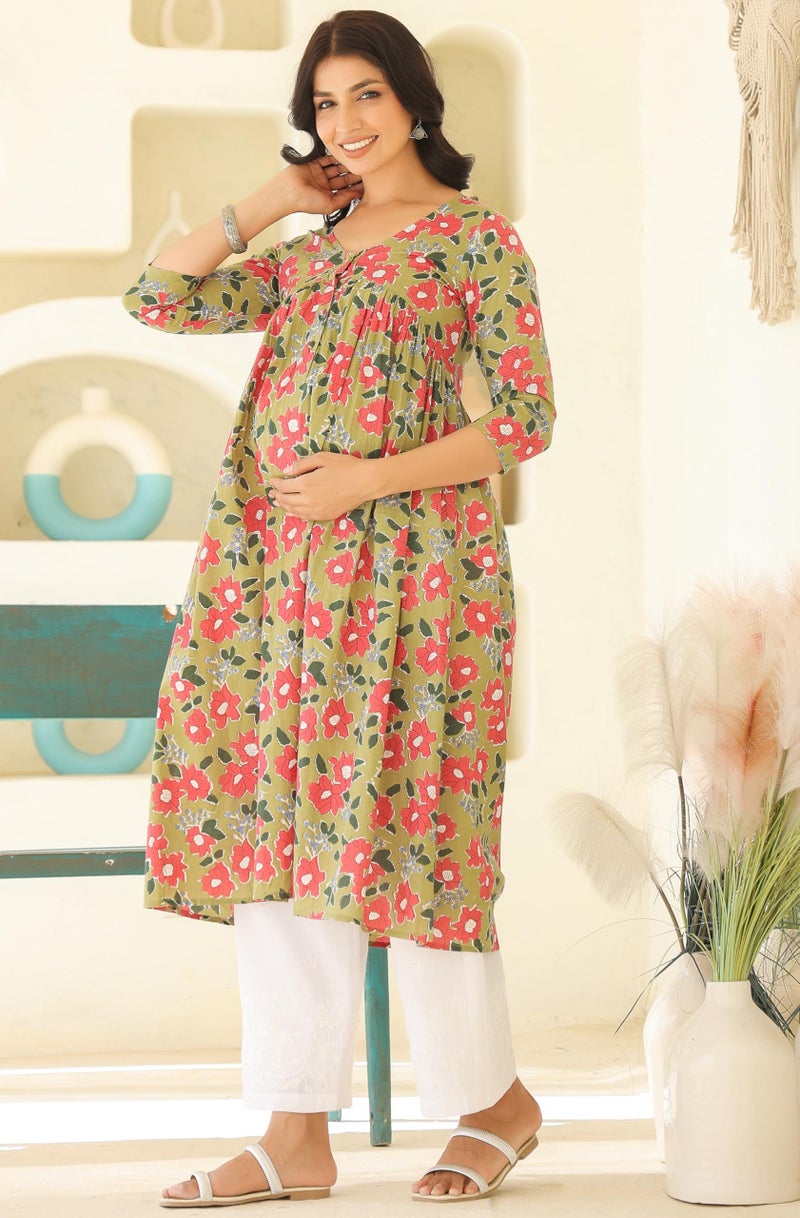 Janasya Women's Sage Green Pure Cotton Floral Printed Gathered Maternity Kurta (MAA25KR01316-M) - Image 5