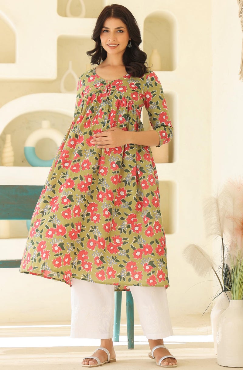 Janasya Women's Sage Green Pure Cotton Floral Printed Gathered Maternity Kurta (MAA25KR01316-M) - Image 3