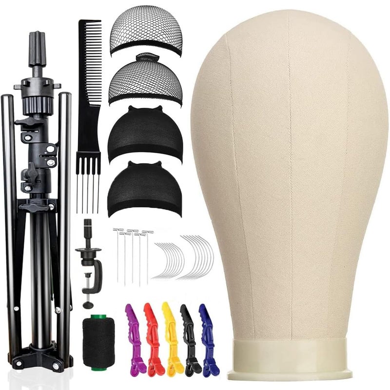 SZCY LLC 23 Inch Canvas Block Wig Head, 47 Inch Wig Stand Tripod with Head, Mannequin Head for Wigs Display with Wig Caps, T C Pins Brush - Image 1