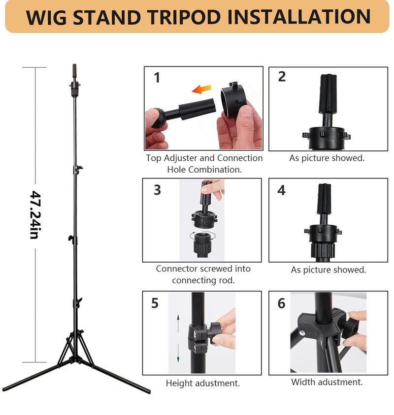 SZCY LLC 23 Inch Canvas Block Wig Head, 47 Inch Wig Stand Tripod with Head, Mannequin Head for Wigs Display with Wig Caps, T C Pins Brush - Image 3