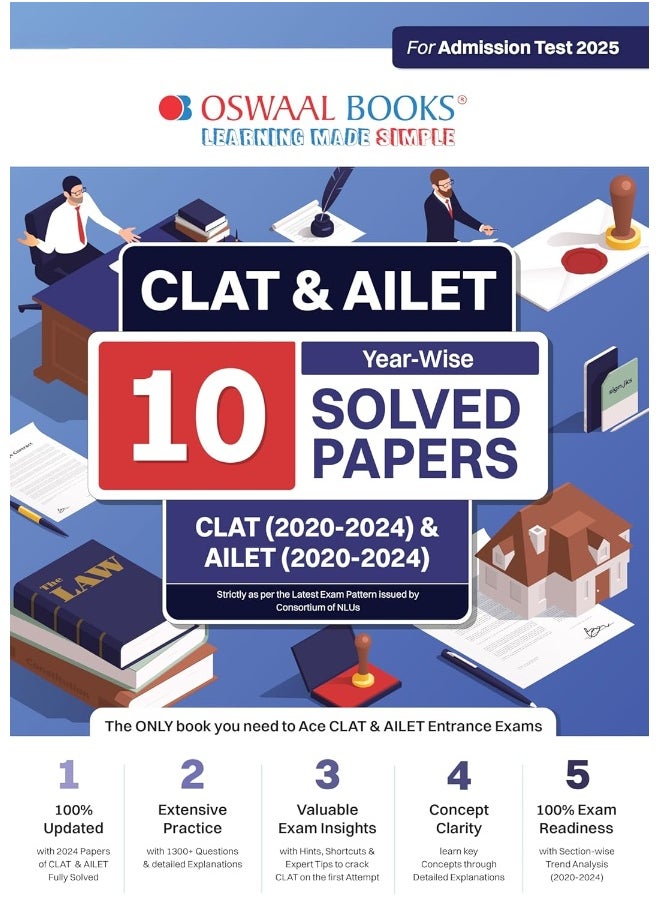 Oswaal CLAT & AILET 10 Previous Years Solved Papers - Year-Wise | CLAT (2020 -2024) & AILET (2020 - 2024) For Admission Test 2025  - Image 1