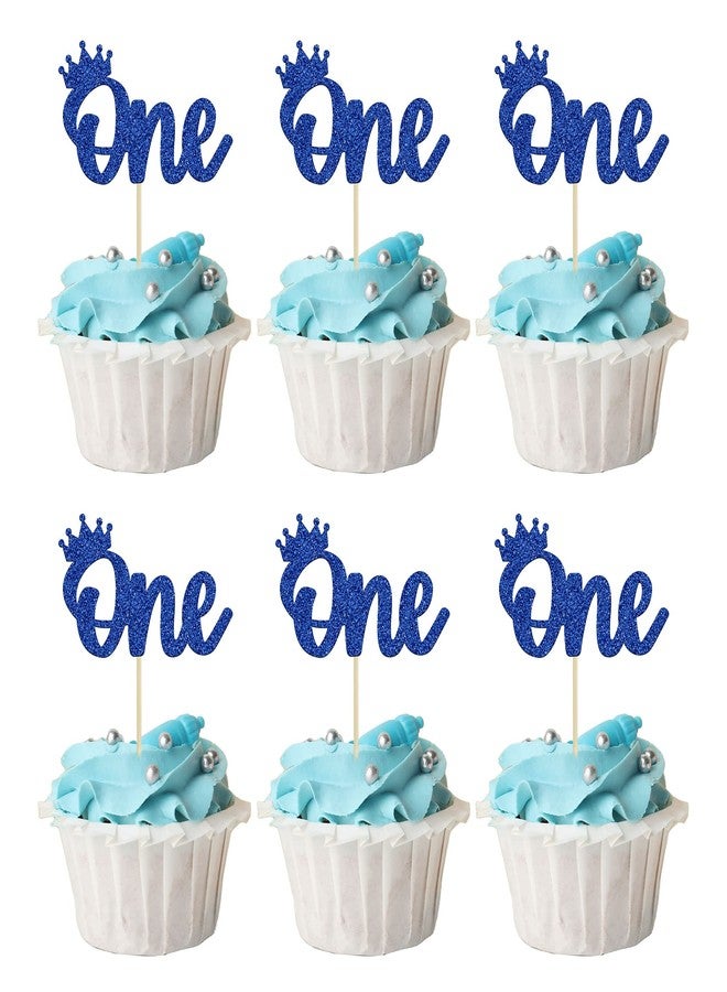 Ephlyn 24Pcs Crown Cupcake Toppers Blue Glitter Crown One Cupcake Toppers Prince 1st Birthday Crown Cupcake Decors for Prince Crown Theme Baby Shower Party Decoration Supplies - Image 1