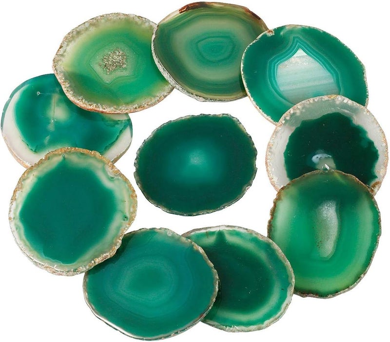 Rockcloud 10 Pcs Agate Light Table Slices, Healing Crystals Geode Stones,Irregular Home Decoration Jewelry Making,Round,Green