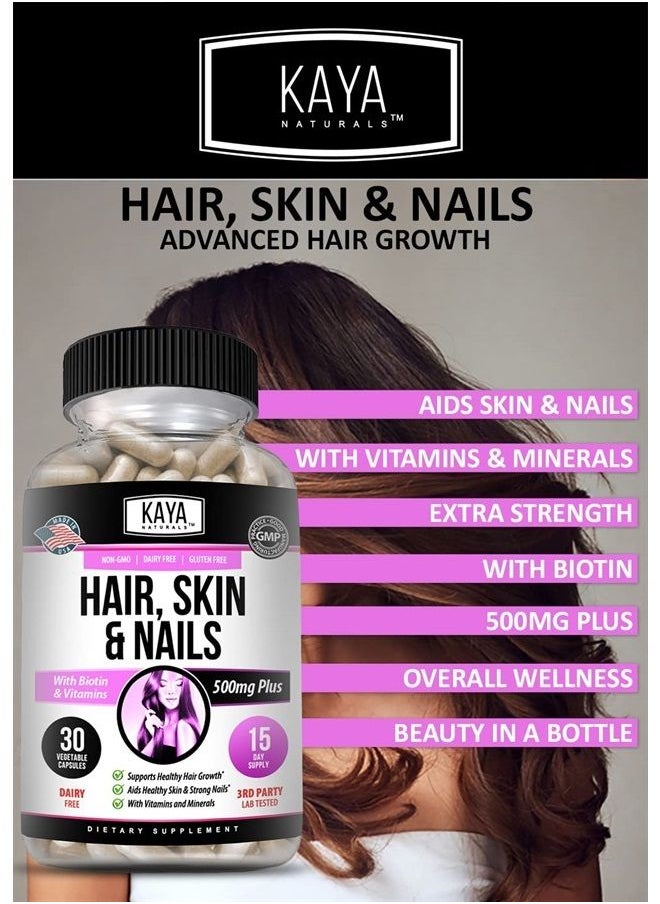 Kaya Naturals - Hair Skin Nail Capsules with Biotin | Hair and Skin Vitamins, Vitamin D Vitamin B-12 A Folic Acid Support, Hair Support Vitamin Supplement for Hair Skin Nails- 30 Count Capsules - Image 1